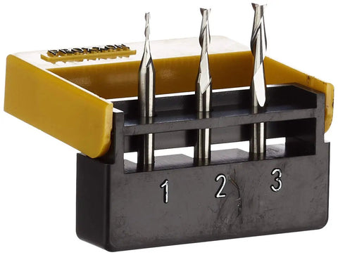 Solid Tungsten Milling Cutters Set With Double Flute Bits 1 32nd 5 64th 7 64th Inch on yellow and black holder