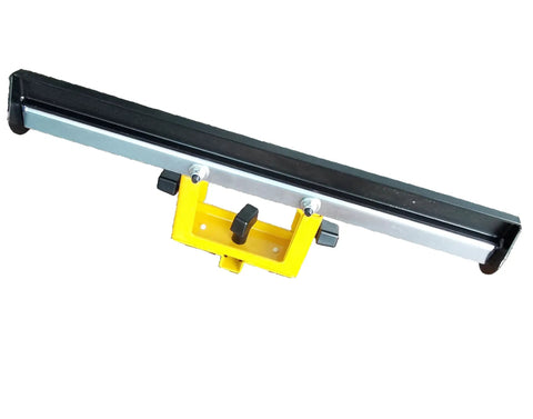 Built Tough Double Wide Miter Saw Auxiliary Support Wing With Adjustable Height Pivot Clamp and Flip Up Quick Release Fence showing top view.