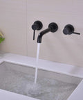 Brass Matte Black Dual Handle Wall Mounted Bathroom Faucet With Rough In Valve No Frills Install, water flowing into sink
