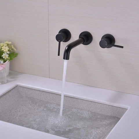 Brass Matte Black Dual Handle Wall Mounted Bathroom Faucet With Rough In Valve No Frills Install, water flowing into sink