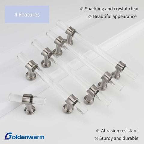 Sleek Clear Acrylic Cabinet Knobs With Brushed Nickel Bases Offer A Two Inch Single Hole Pull For Kitchen Cupboards, Dressers, Closets, And Bathroom Vanities showcased in a display.