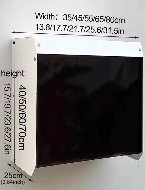 Heavy Duty Hella Tough Rock Solid Weatherproof EV Charger Cover dimensions showing 1mm steel shell for outdoor use.