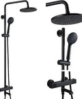 Thermostatic Exposed Shower System With 8 Inch Round Rainfall Shower Head Matte Black Wall Mount No Fuss Adjustable Handheld Sprayer Tub Spout And Trim Kit Bathroom Faucet Mixer Set, close-up view showing sprayer and rainfall head.