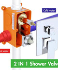 Shower System, 10-Inch Rain Head, 2-in-1 Handheld, Chrome, Wall Mount, showing 2-in-1 shower valve with hot and cold water connections.