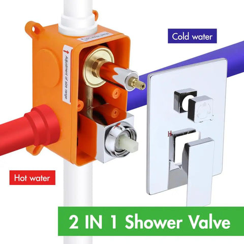 Shower System, 10-Inch Rain Head, 2-in-1 Handheld, Chrome, Wall Mount, showing 2-in-1 shower valve with hot and cold water connections.