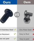 Comparison of rear license plate screws: Ours 18-8 stainless steel vs OEM zinc plate, highlighting rust resistance and durability.
