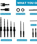 Badass 15 Piece Countersink Drill Bit Set For Woodworking DIY Crews with wood plug cutters, depth stop rings, and screwdriver bits.