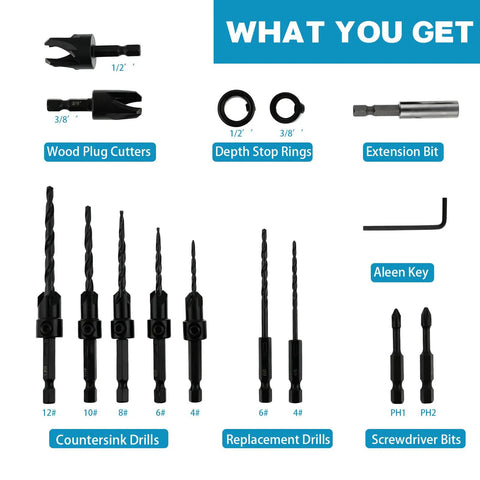 Badass 15 Piece Countersink Drill Bit Set For Woodworking DIY Crews with wood plug cutters, depth stop rings, and screwdriver bits.