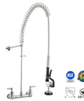 Pro Grade Wall Mount Pre Rinse Kitchen Faucet With Pull Down Sprayer, Brass Construction, Double Handle, Fits 2/3 Compartment Sinks