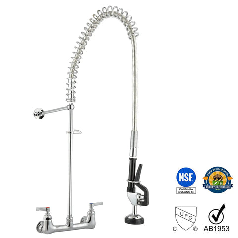 Pro Grade Wall Mount Pre Rinse Kitchen Faucet With Pull Down Sprayer, Brass Construction, Double Handle, Fits 2/3 Compartment Sinks