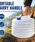 Person holding Foldable Water Container With Spigot For Camping And Hiking, Portable Collapsible Water Jug With Handle.