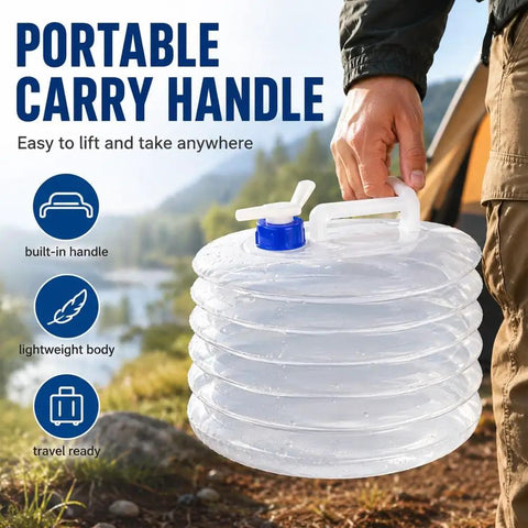 Person holding Foldable Water Container With Spigot For Camping And Hiking, Portable Collapsible Water Jug With Handle.