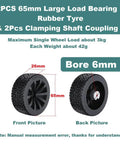 2 Pack 85mm Solid Rubber RC Wheel Tires With Beefy Load Bearing Grip And 6mm Bore Clamping Hex Shaft Couplings For Remote Controlled Cars Robots And Hobby RC Projects Durable Traction And Easy Fit showing front and back views with measurements.