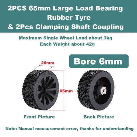 2 Pack 85mm Solid Rubber RC Wheel Tires With Beefy Load Bearing Grip And 6mm Bore Clamping Hex Shaft Couplings For Remote Controlled Cars Robots And Hobby RC Projects Durable Traction And Easy Fit showing front and back views with measurements.