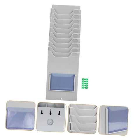 Heavy Duty Material Card Holder Rack For Office Document Organization with multiple slots, grey plastic, ideal for sorting papers.