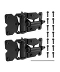 Heavy Duty Iron Self Closing Gate Hinges With Reliable Quick Release Pins And Simple Tool Free Setup For Fence Or Barn Doors That Handle Daily Wear Without Skipping A Beat. Two black hinges with pins and screws.