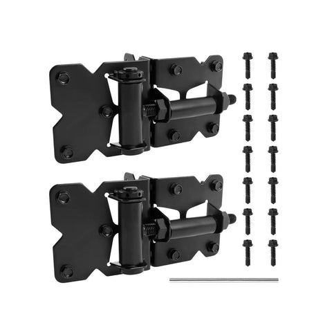Heavy Duty Iron Self Closing Gate Hinges With Reliable Quick Release Pins And Simple Tool Free Setup For Fence Or Barn Doors That Handle Daily Wear Without Skipping A Beat. Two black hinges with pins and screws.