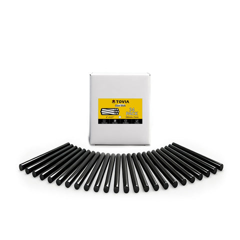 Box with 24 black hot glue sticks 0.27 inch diameter for glue gun, fast set, strong bond, ideal for crafts, repairs, cable management, electronics.