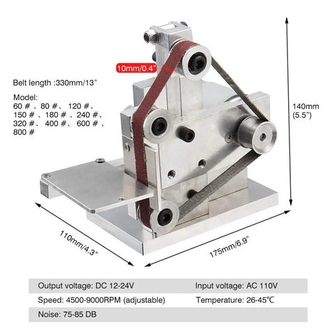 Diagram of 110V Mini Belt Sander Polisher with 9000 RPM, dual bearing dust guard, dimensions, and belt size labels