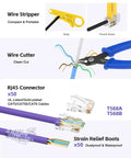 Image of RJ45 Crimp Tool Kit showing compact wire stripper, clean cut wire cutter, 50 RJ45 connectors, and strain relief boots for Ethernet installs.