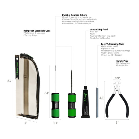 Permanent Tire Repair Kit For Cars Motorcycles Off Road Vehicles Trailers SUVs Pickups ATVs UTVs And Scooters components overview