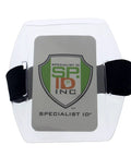 Premium Solid Durable Armband Badge Holder With Hella Secure Stretchy Strap And Easy Hook Loop Fastener For Work Credentials Cards And Passes One Size Fits with ID card inside.