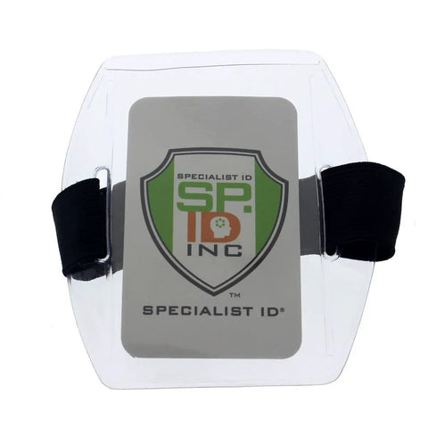 Premium Solid Durable Armband Badge Holder With Hella Secure Stretchy Strap And Easy Hook Loop Fastener For Work Credentials Cards And Passes One Size Fits with ID card inside.