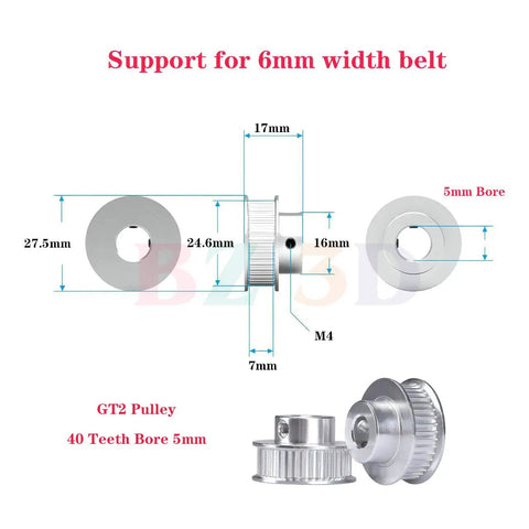 Illustration of 40 Tooth GT2 Timing Belt Pulley Set For 6mm Width Belts With 5mm Bore Aluminum 40T Pulleys For 3D Printer And CNC Machines