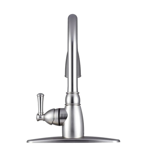 RV Non Metallic Pull Down Kitchen Sink Faucet With Detachable Sprayer Brushed Satin Nickel Finish, side view.