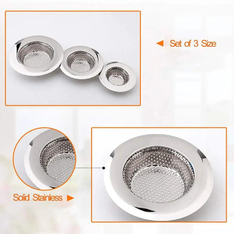 Three Pack Hair Catcher Drain Covers For Shower And Sink Universal Fit For Most Drains From 2.13 To 4.5 Inches, stainless steel set.