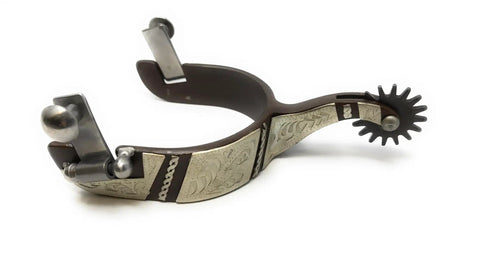 Ladies Antique Brown Western Spurs With 1 Inch Steel Band Silver Overlay Trim 2 Inch Raised Shank For Control One And A Quarter Inch Brown Steel Rowels