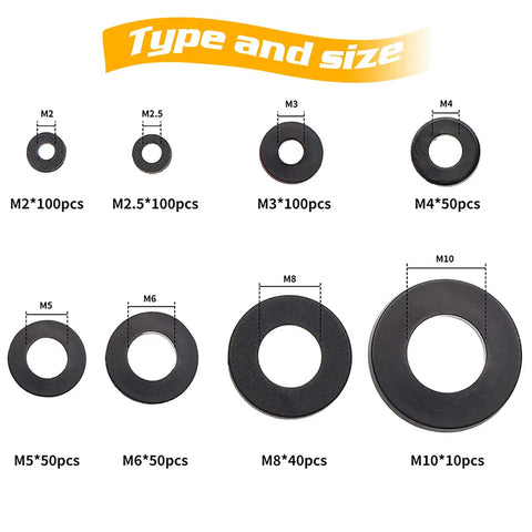 500 Piece Nylon Flat Washer Set Eight Sizes M2 M2.5 M3 M4 M5 M6 M8 M10 Black Sealing Spacer Gasket Ring Washers view