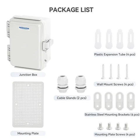 Rugged Outdoor Junction Box IP67 Waterproof With Hinged Gray Cover And Stainless Steel Latch, Built Tough With Mounting Plate, Wall Brackets, DIN Rail Ready Interior For Terminal Blocks, Relays, And Power Supplies, 120x90x70mm package contents