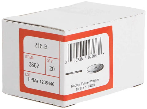 Box containing Neoprene Fender Washer Set 1/4 Inch Thick, 1-1/4 Inch Outer Diameter, 20 Pack Black, labeled with item details.