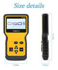 Front and side view of the yellow OBD2 Scanner Code Reader for Cars Read and Erase Fault Codes with size details.
