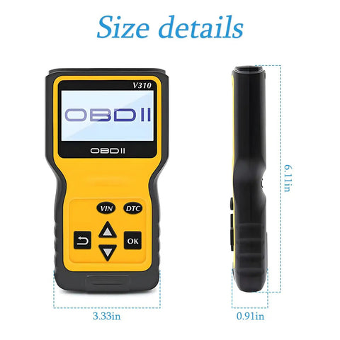 Front and side view of the yellow OBD2 Scanner Code Reader for Cars Read and Erase Fault Codes with size details.