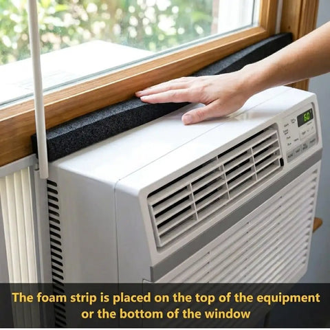Person installing Window AC Seal Kit 1 By 1 Inch Neoprene Foam Tape Weather Stripping For Snug Fit Keeps Cool Air In And Blocks Hot Air Drafts And Noise 13 Ft Value Pack With Two Six And A Half Foot Rolls In Black on air conditioner