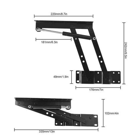 4 Pack Lift Up Top Hinges With 150N Gas Spring Coffee Table Lift Mechanism dimensions showing black steel construction.