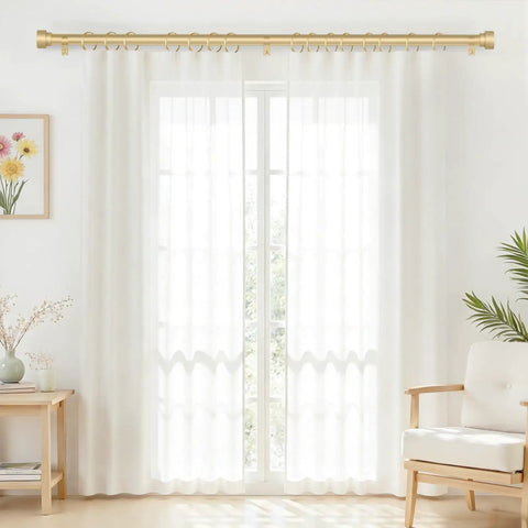 Gold Built Tough 1 Inch Heavy Duty Curtain Rods For Windows 66 To 120 Inch Adjustable Decorative Rod With External Threaded Connection Supports Up To 33 Pounds W1 installed above sheer curtains