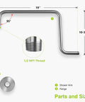 Offset Brass S Style Shower Arm Extension With 1/2 NPT Connection, Brushed Nickel Finish, 19-1/2 Inch Length shown with parts and measurements.