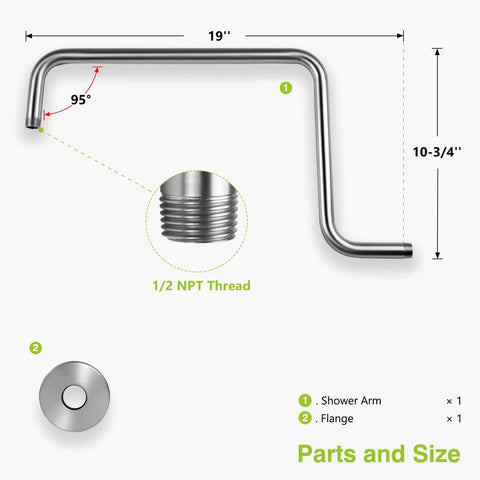 Offset Brass S Style Shower Arm Extension With 1/2 NPT Connection, Brushed Nickel Finish, 19-1/2 Inch Length shown with parts and measurements.