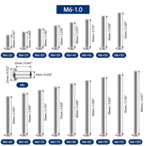 Diagram showing sizes of 10 Sets M6 1 By 25mm Flat Head Binding Screws With M6 15mm Binding Nuts In 304 Stainless Steel