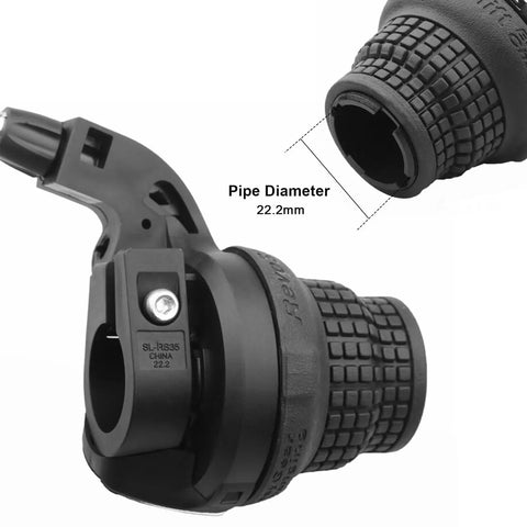 Right Shift Lever For Mountain Bikes SL RS25 6 Speed Twist Grip Gear Handle Shifter Replacement For Smooth One Finger Shifting Durable Lightweight Metal And Plastic Build Perfect Mountain Bicycle Upgrade close-up with 22.2mm pipe diameter