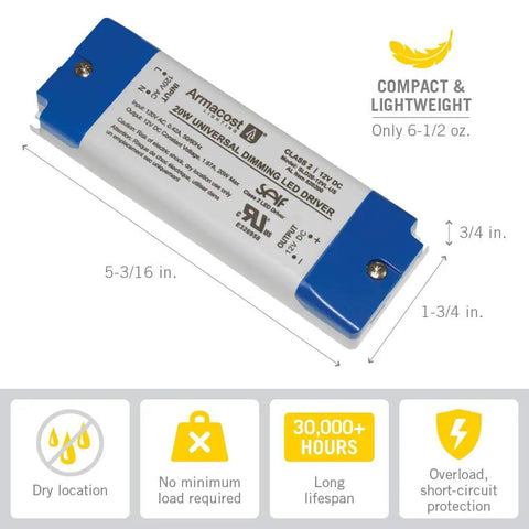 LED Dimmer Power Driver For Under-Cabinet Lighting With Removable AC Cord, 20W Gray, Smooth Flicker-Free Dimming, UL Listed