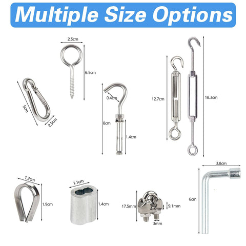 Heavy Duty One Eighth Inch Vinyl Coated Stainless Steel Wire Rope Kit With Two Hundred Feet Cable, hardware size options