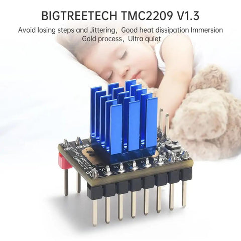 TMC2209 V1.3 UART Stepper Driver Module Uber Quiet for 3D Printers with blue heatsink in front of a sleeping baby.