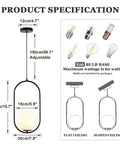 Modern Black Pendant Light With White Glass Globe Shade for Kitchen and Bedroom, dimensions and bulb specifications.