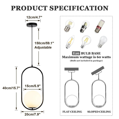 Modern Black Pendant Light With White Glass Globe Shade for Kitchen and Bedroom, dimensions and bulb specifications.
