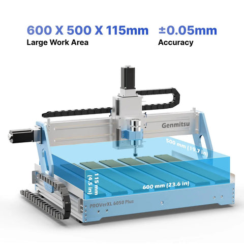 ProVerXL 6050 Plus CNC Router with 23.62 x 19.69 in work area, all-metal frame, 3 axis, GRBL control, 300W spindle, dual linear rails.