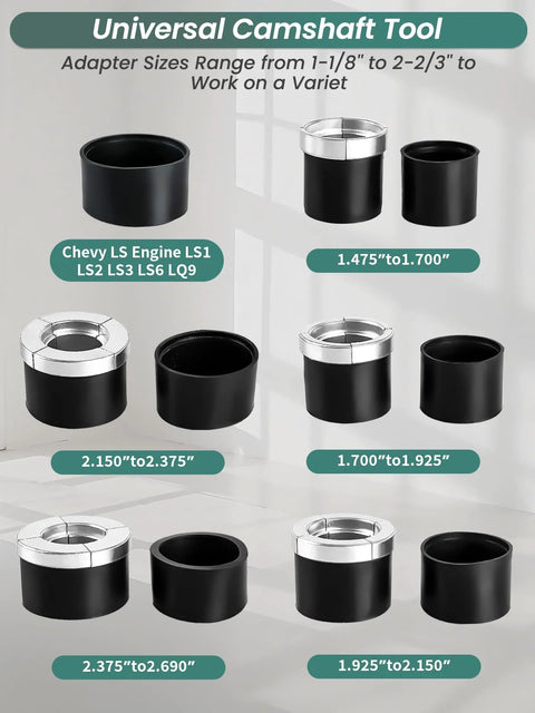 Front view of universal camshaft tool kit with black adapter sleeves and silver collars; sizes range 1-1/8" to 2-2/3".